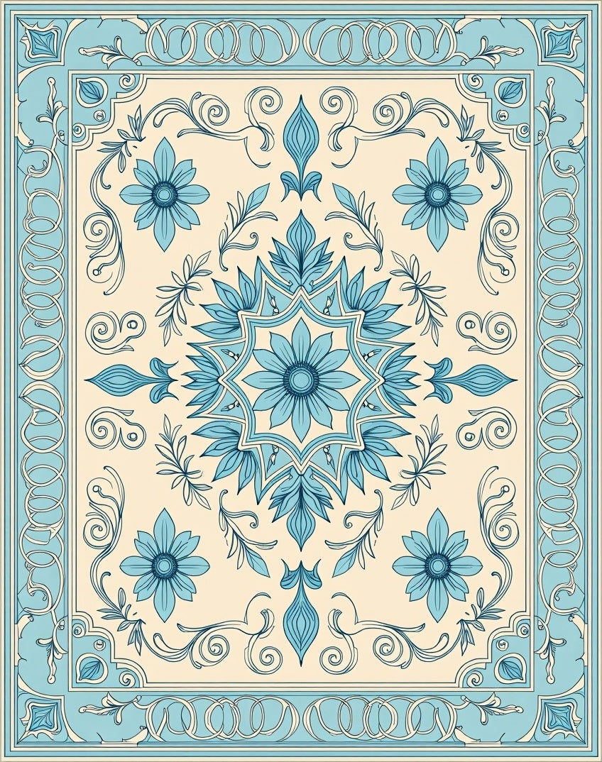 Cerulean Floral Scrollwork Ornament Rug