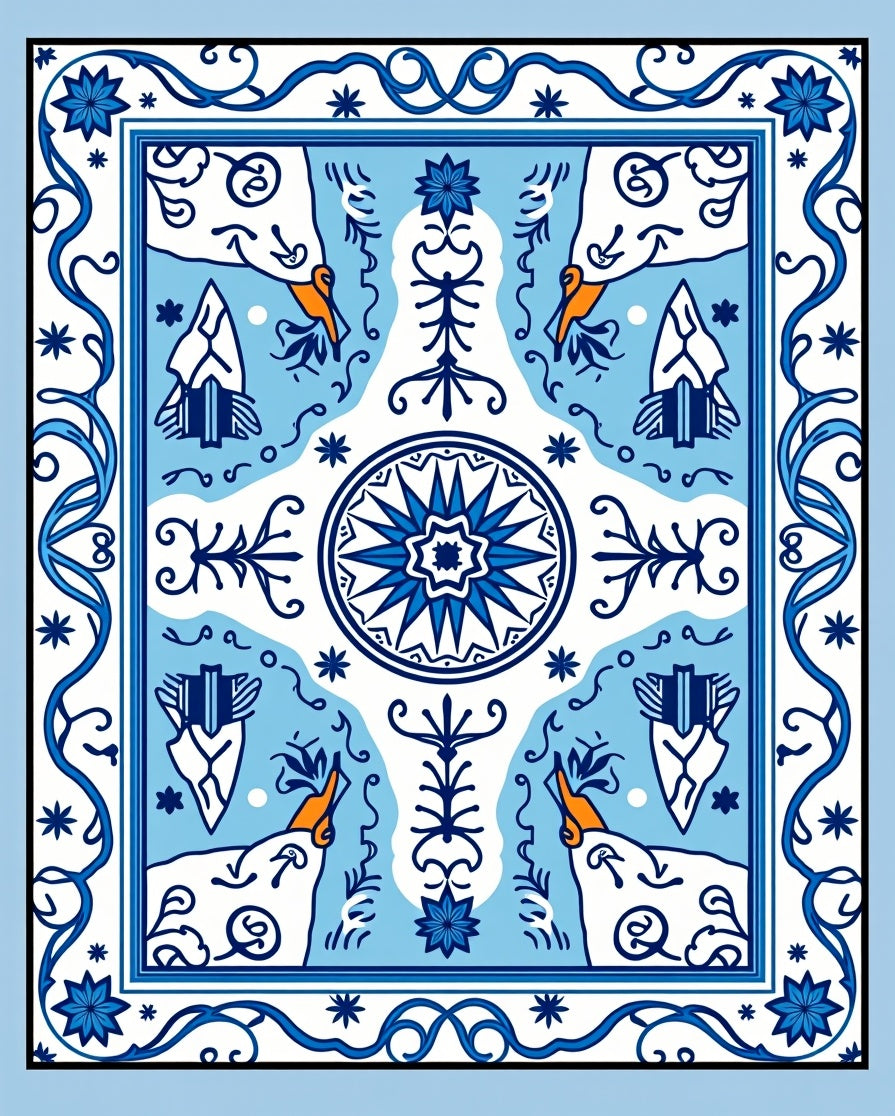 Blue White Folk Art Animal Medallion Rug