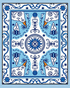 Blue White Folk Art Animal Medallion Rug