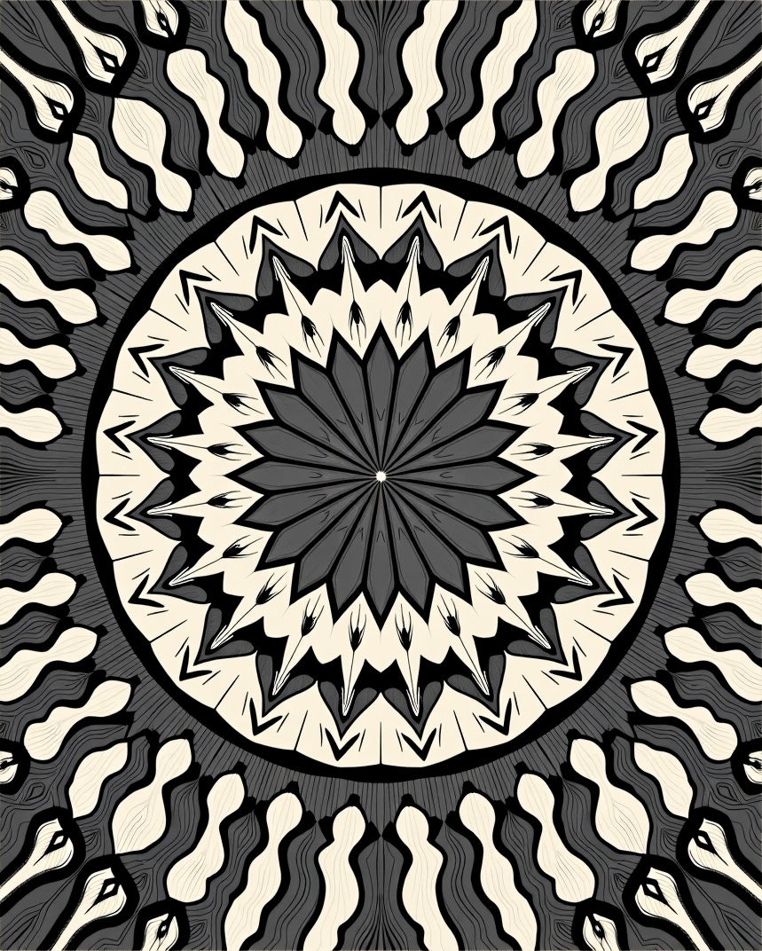 Radiating Monochrome Mandala Pattern Rug