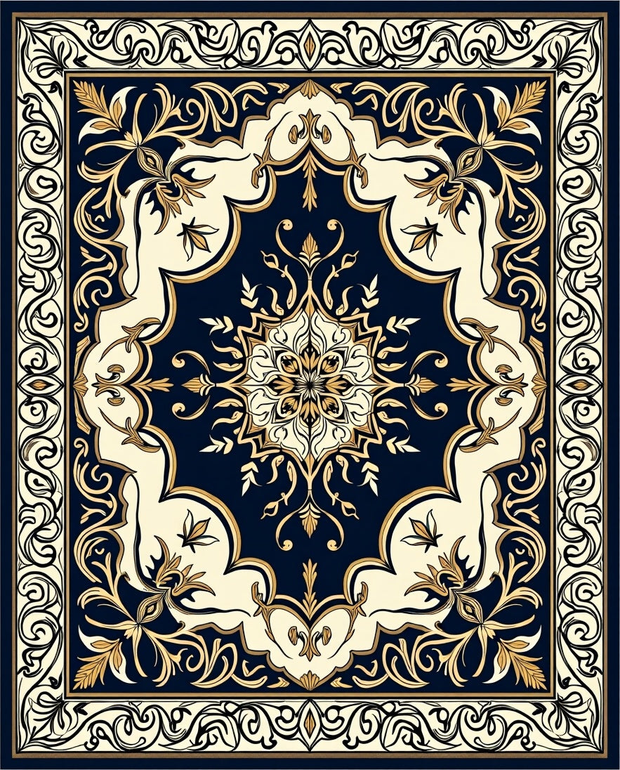 Elegant Dark Blue Gold Floral Medallion Rug