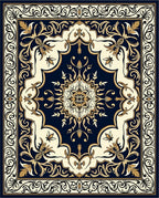 Elegant Dark Blue Gold Floral Medallion Rug