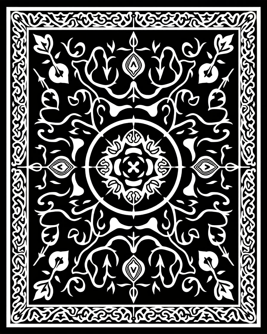 Black White Ornate Scroll Pattern Rug