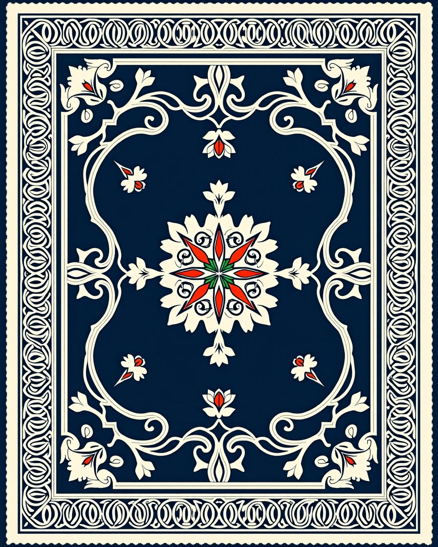 Elegant Navy Floral Motif Rug