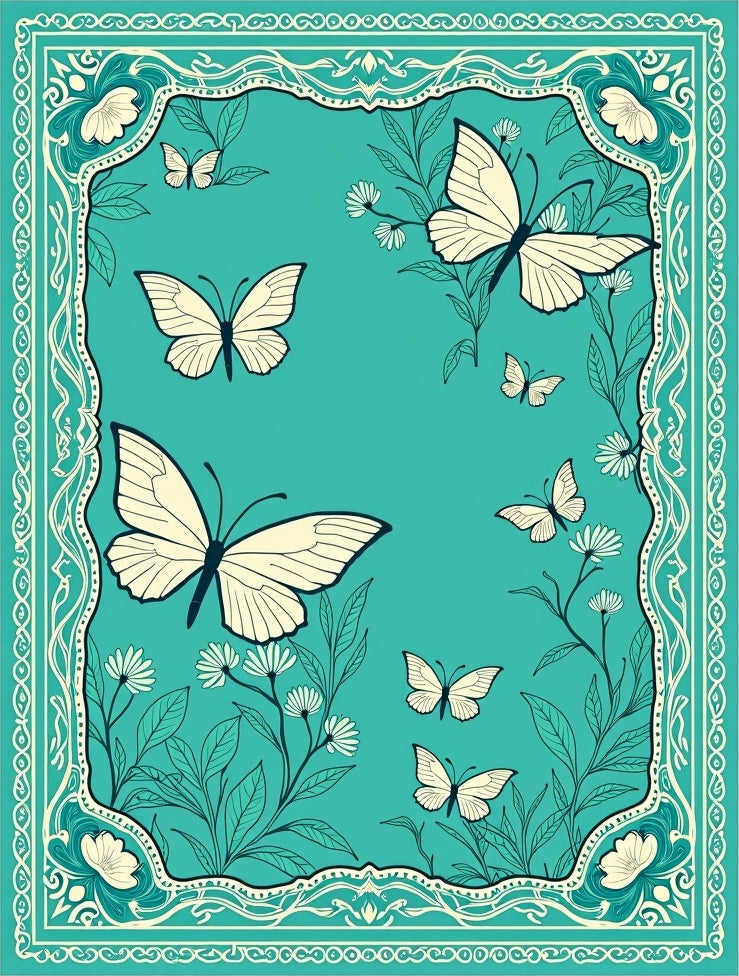 Aqua Butterfly Garden Floral Border Rug