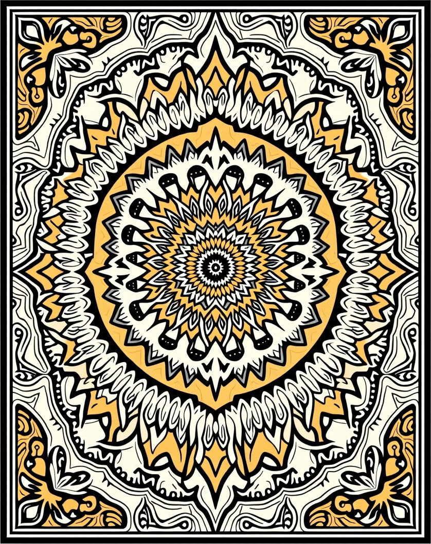 Mandala Inspired Yellow Black White Pattern Rug