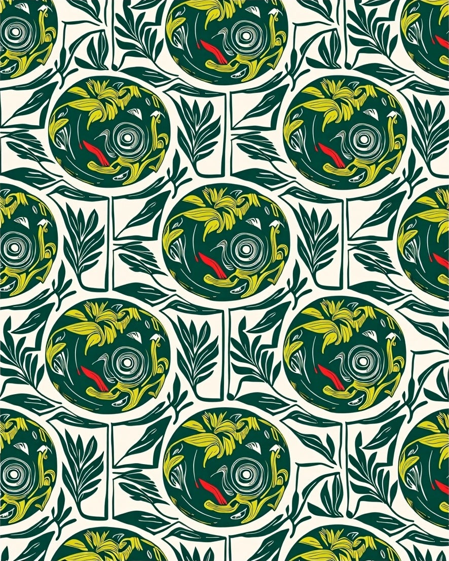 Whimsical Green Yellow Bird Floral Circles Rug