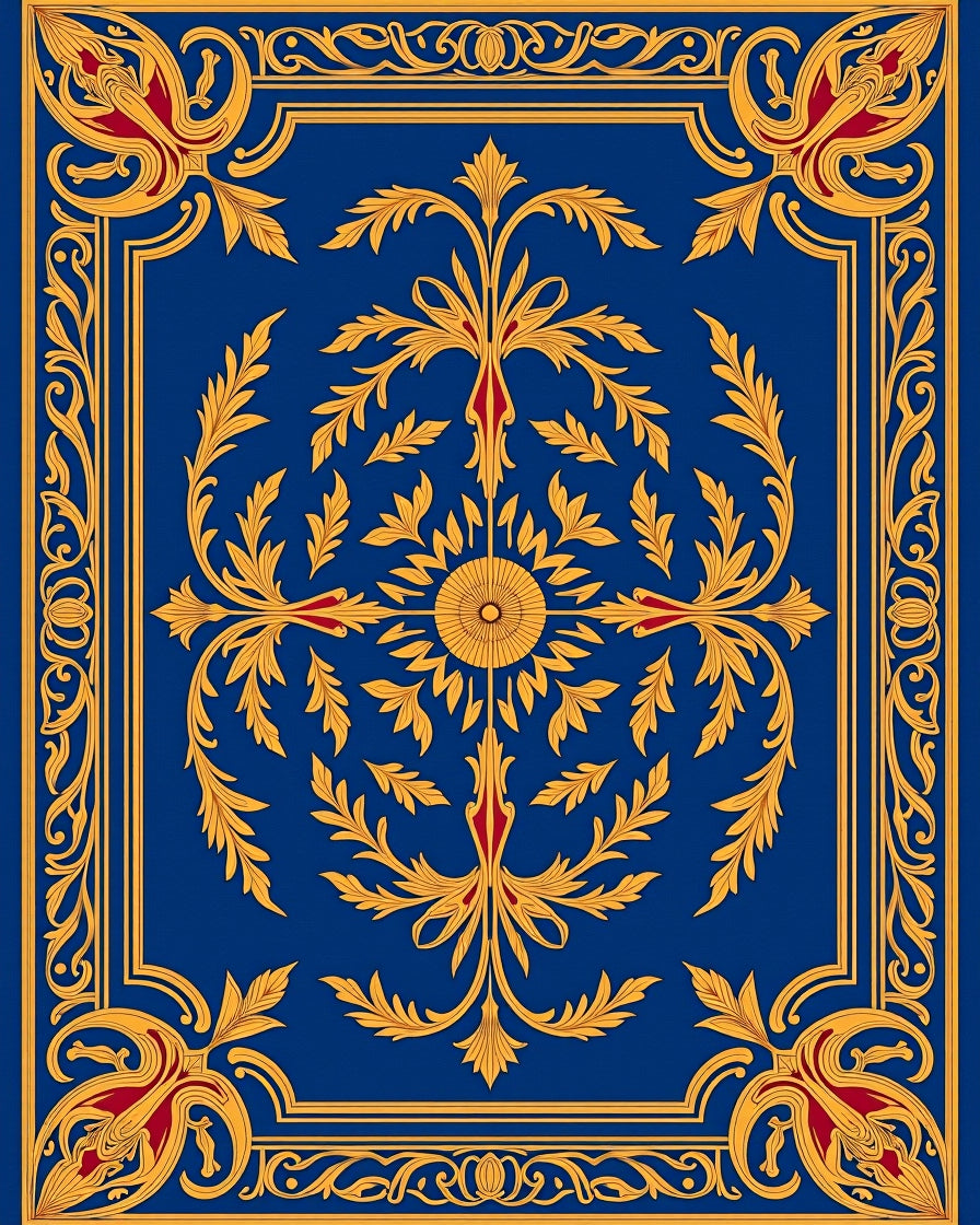 Elaborate Blue Gold Leaf Pattern Rug