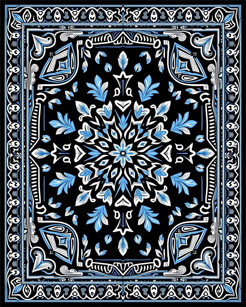 Black Blue Ornamental Floral Medallion Design Rug