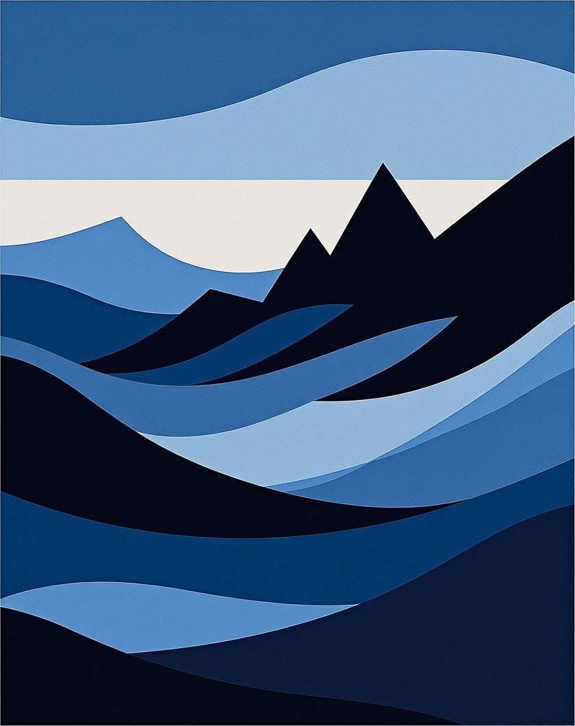 Abstract Blue Wave Mountain Landscape Rug