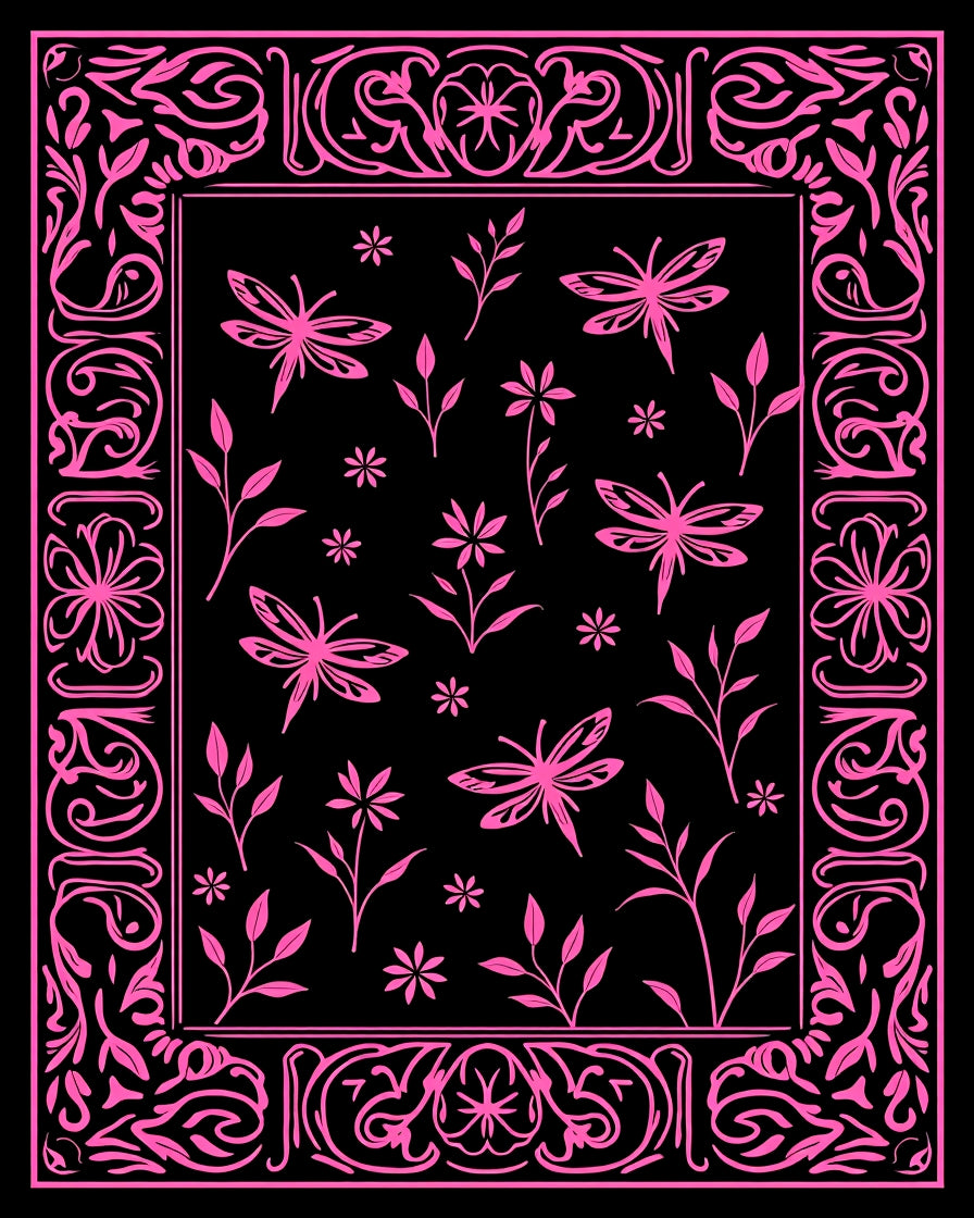 Vibrant Pink Dragonfly Floral Border Rug