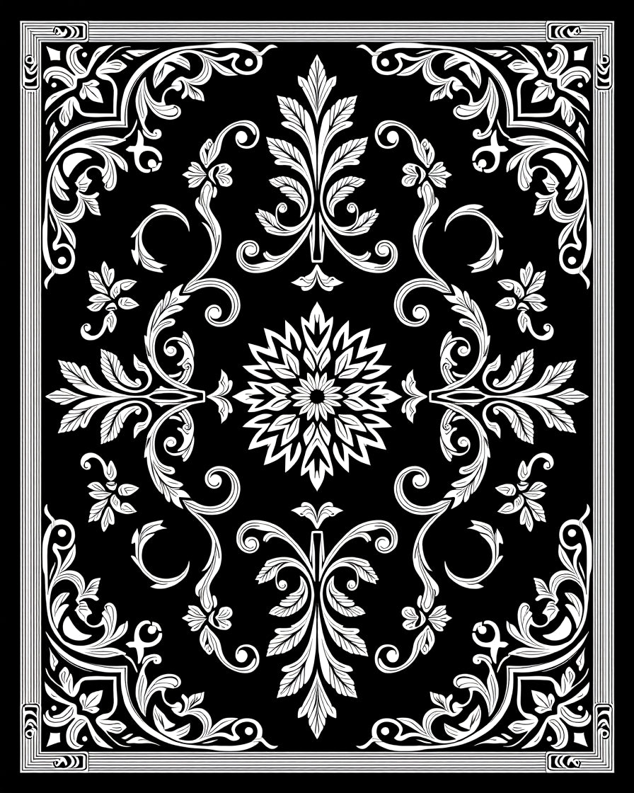 Ornate Black White Floral Scroll Rug