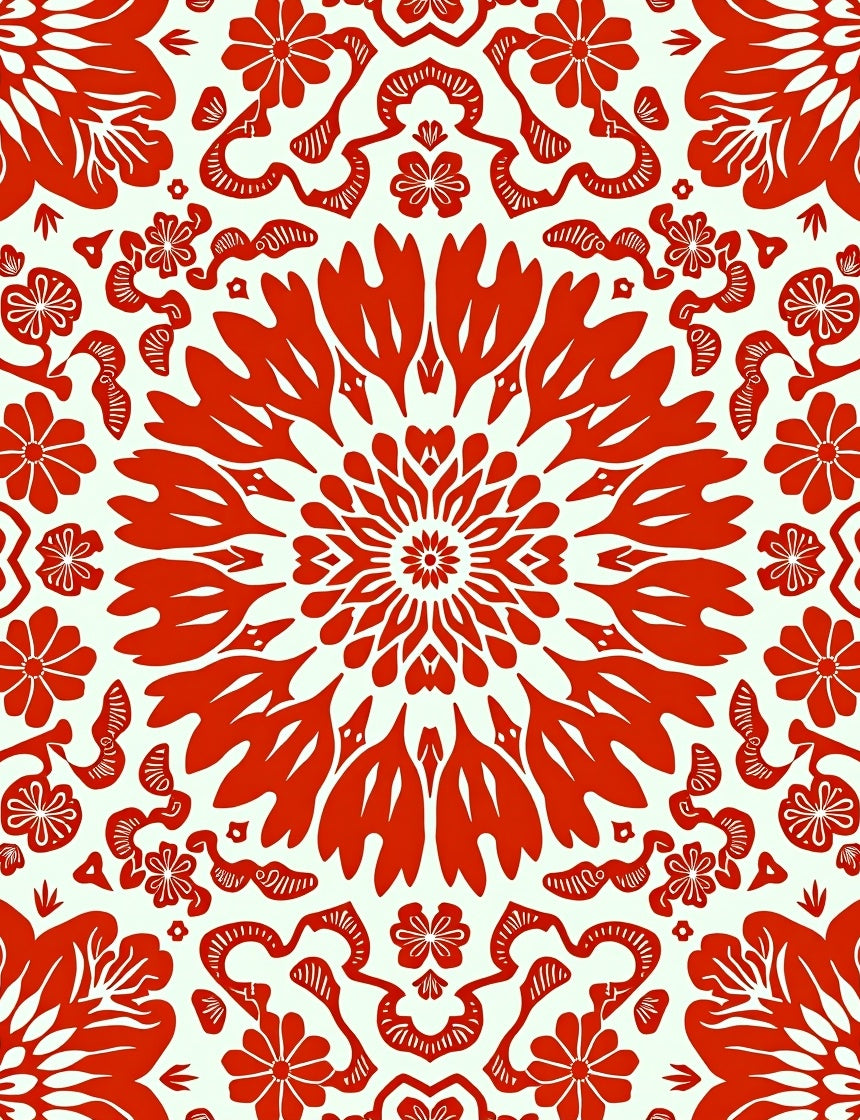 Red Floral Medallion Repeating Pattern Rug