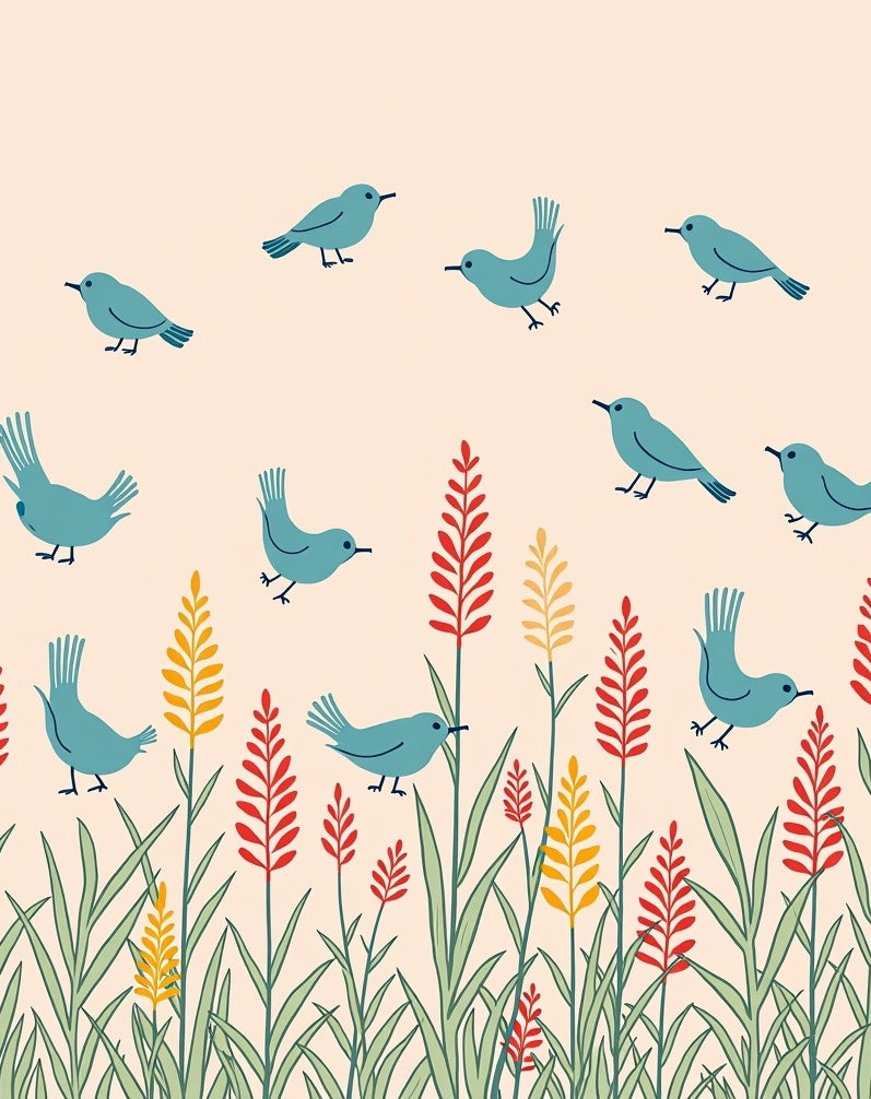 Whimsical Blue Birds Floral Pattern Rug