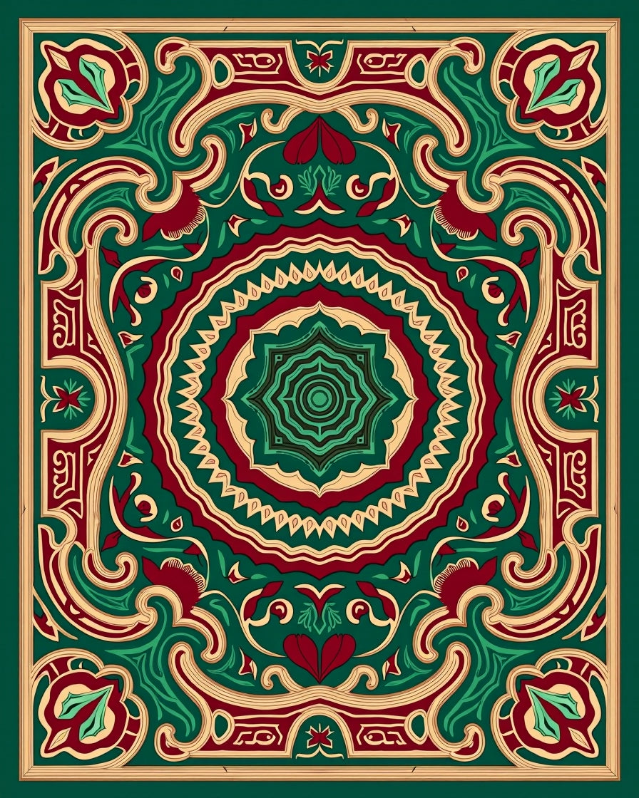 Ornate Red Green Golden Mandala Pattern Rug