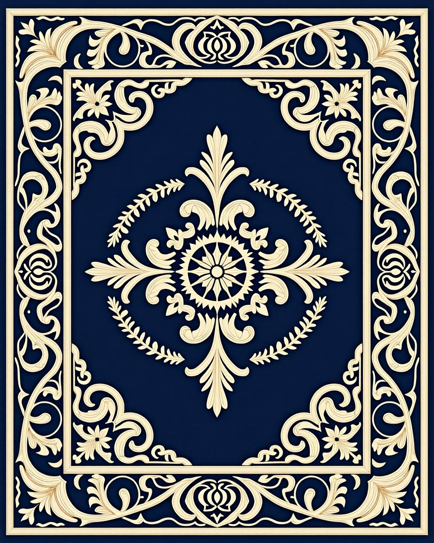 Navy Blue Cream Scrolling Floral Medallion Rug