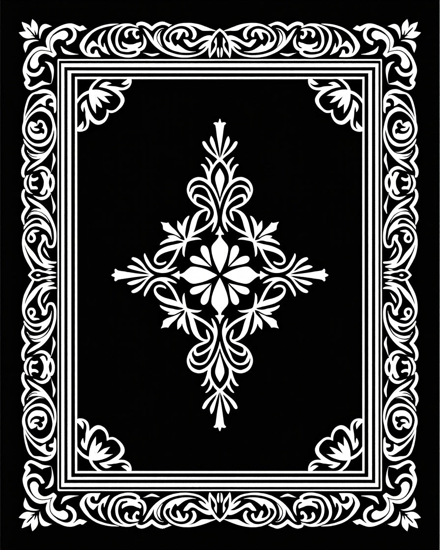 Intricate Black White Scrollwork Design Rug