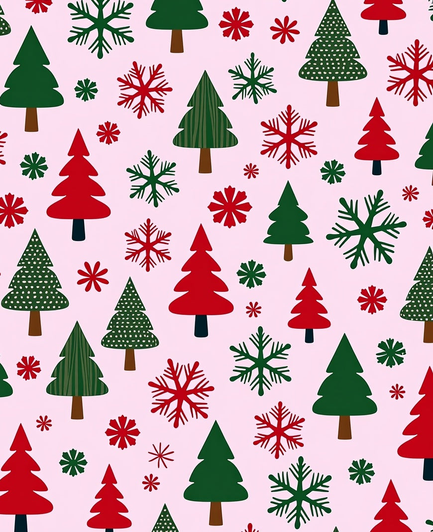 Festive Red Green Christmas Trees Snowflakes Rug