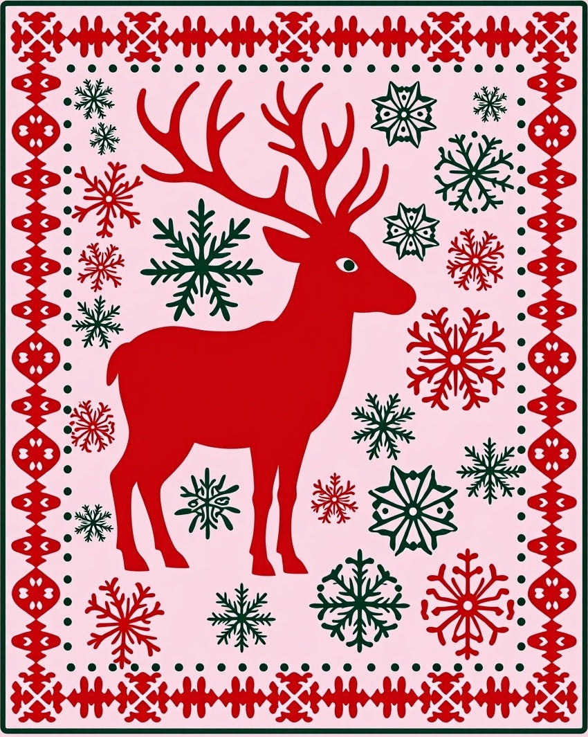 Crimson Deer Snowflakes Pink Rug