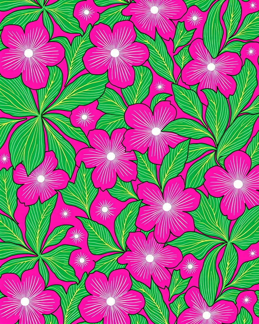 Vibrant Pink Floral Leaf Pattern Rug