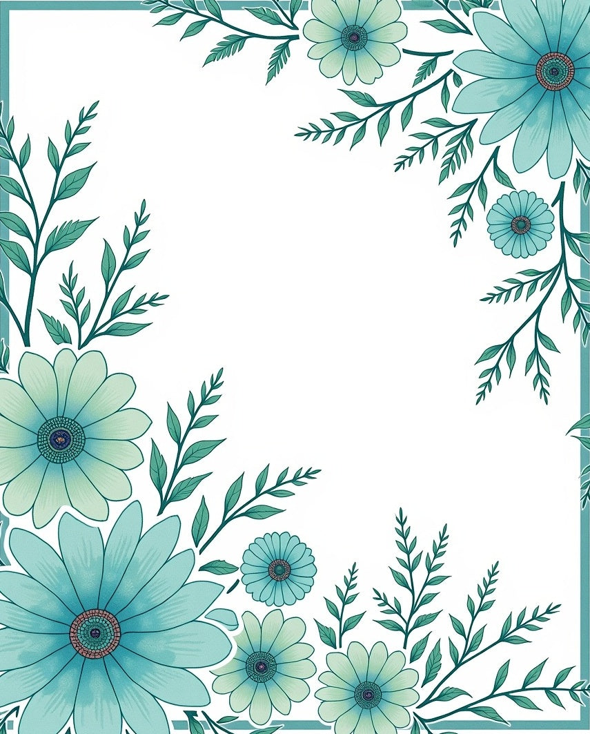 Teal Floral Border With Greenery Rug