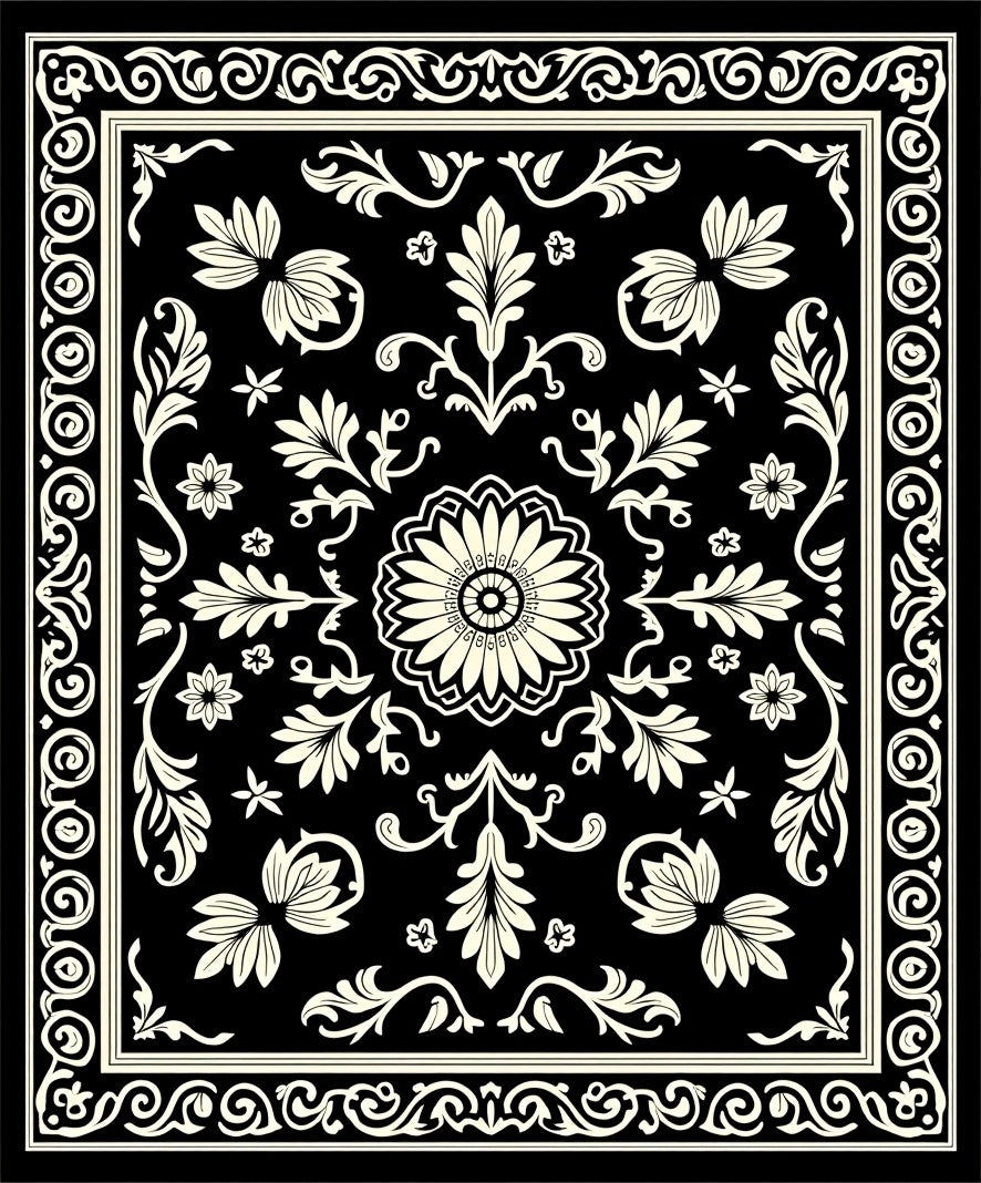 Elegant Black Floral Scrollwork Design Rug