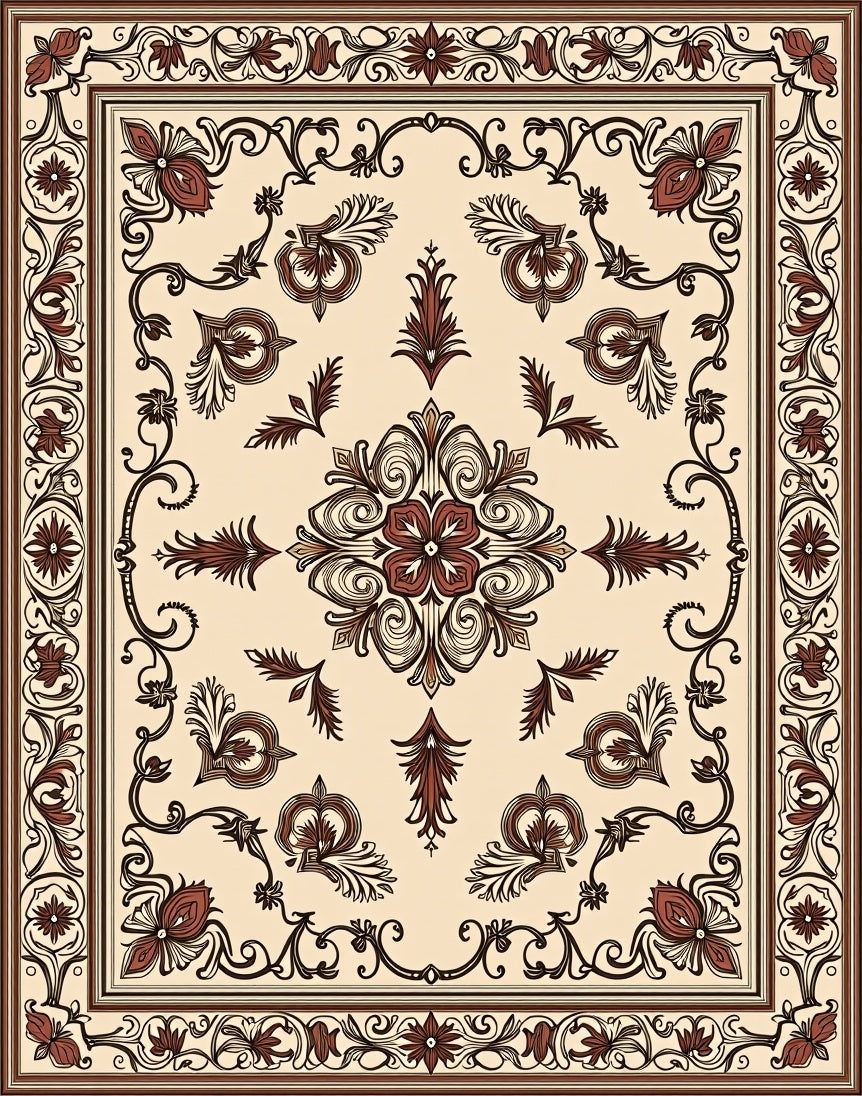 Ornate Floral Scrollwork Beige Brown Rug