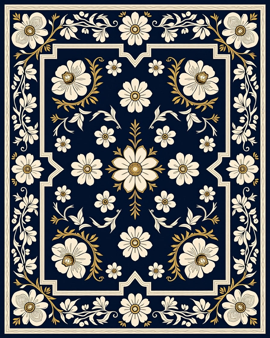 Elegant Navy White Floral Border Rug