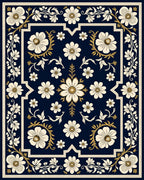 Elegant Navy White Floral Border Rug