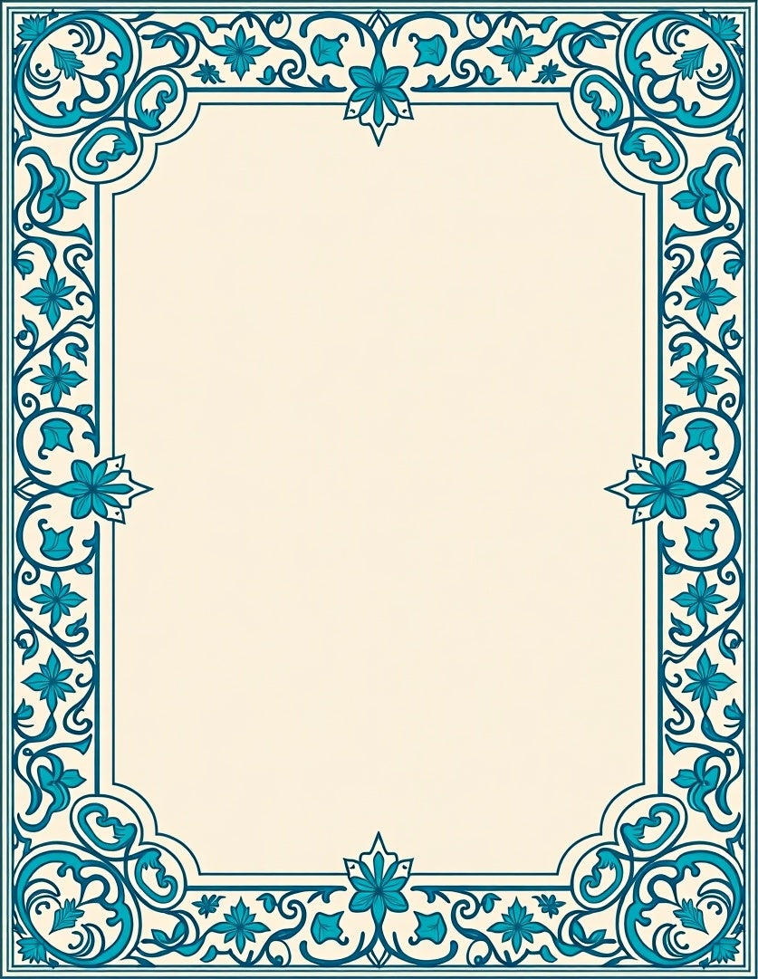 Intricate Teal Floral Scroll Border Design Rug