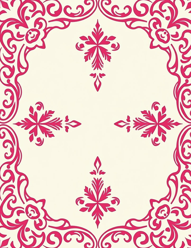 Ornate Pink Floral Scroll Pattern Rug