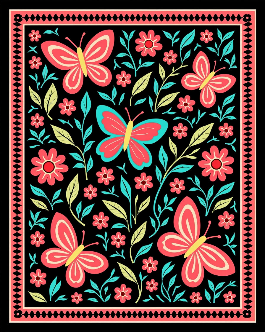 Vibrant Butterflies Floral Garden Pattern Rug