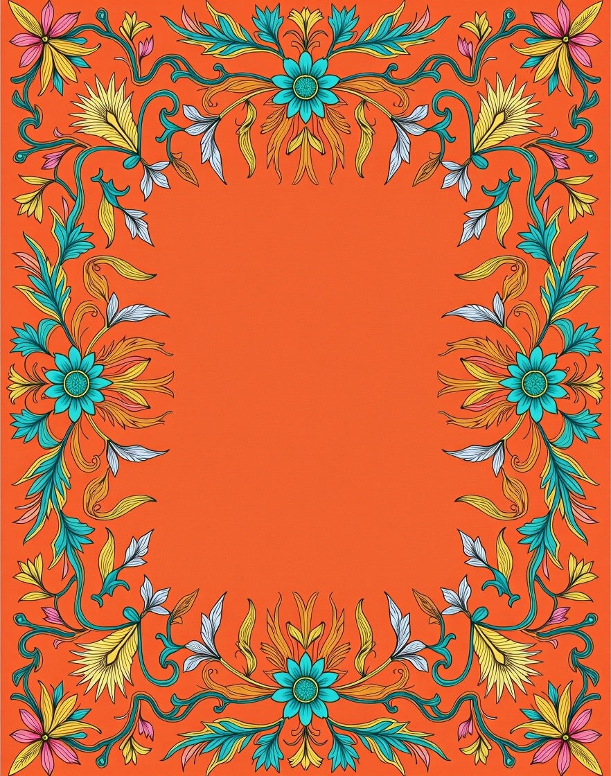 Vibrant Floral Scroll Border Design Rug