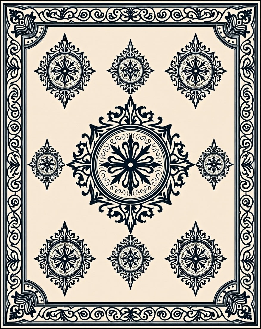 Ornate Black Cream Medallion Pattern Rug