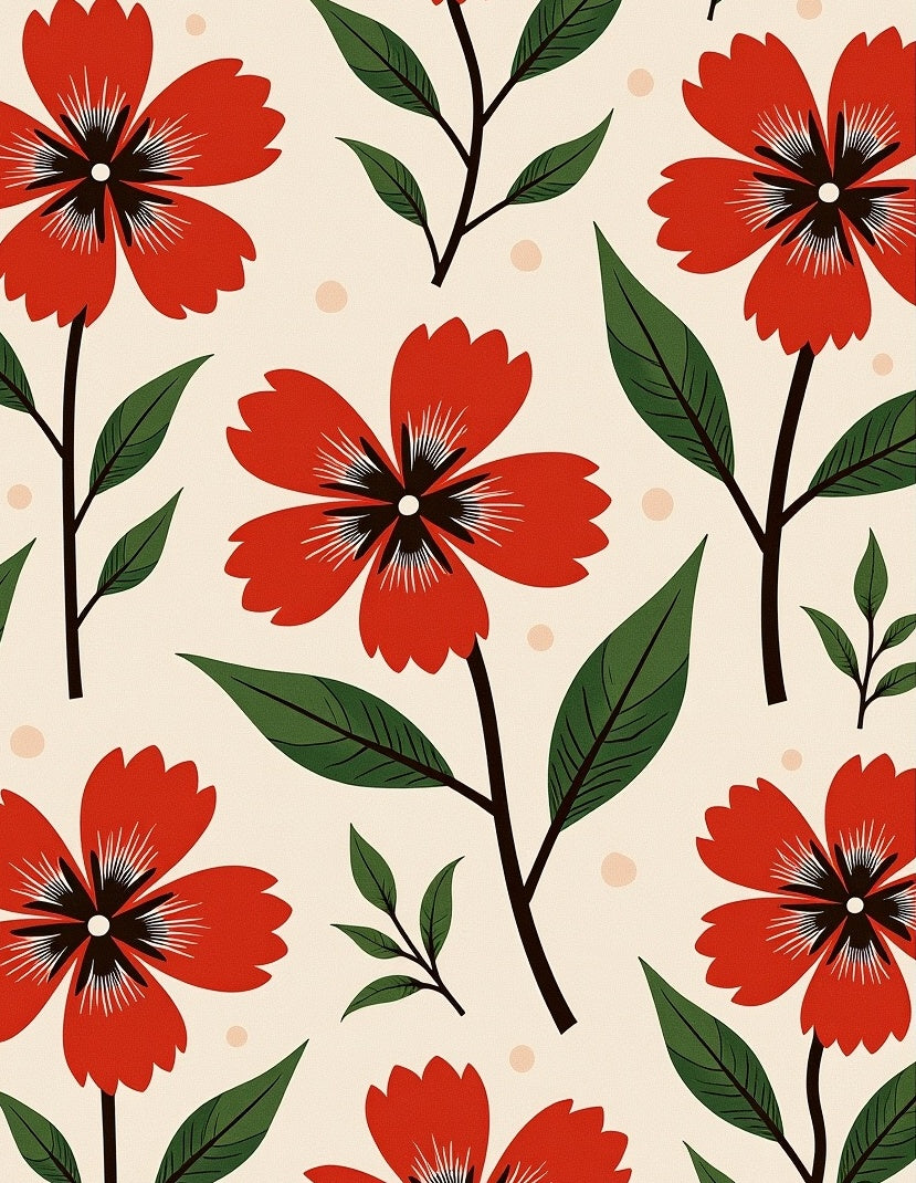 Red Floral Pattern With Green Leaves Rug