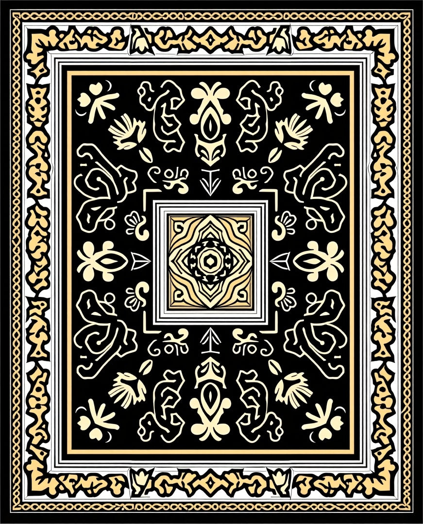 Ornate Black Gold Floral Design Rug