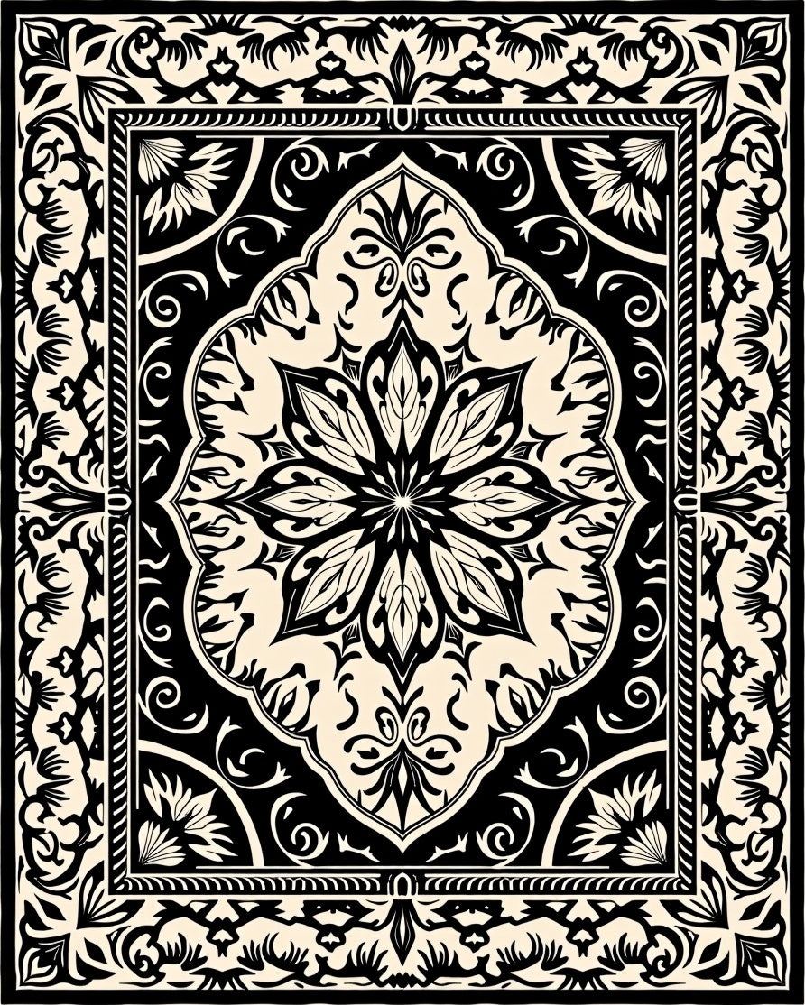 Ornate Floral Mandala Black Cream Rug
