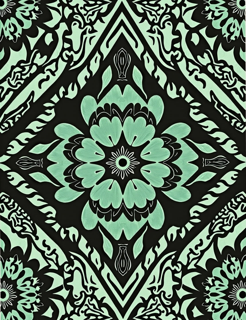 Seafoam Black Floral Diamond Mandala Rug