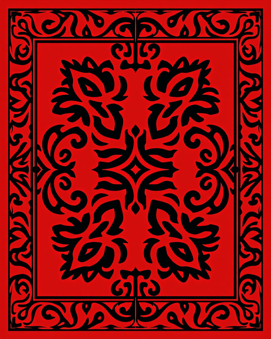 Ornate Black Floral Red Pattern Rug