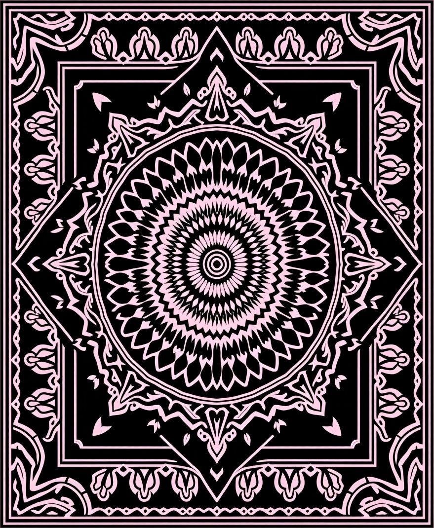 Black Pink Mandala Geometric Pattern Rug