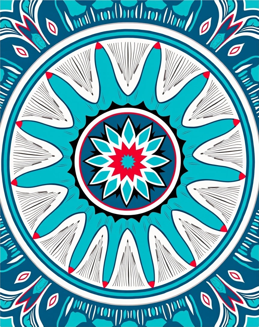 Bold Teal Red Floral Mandala Design Rug