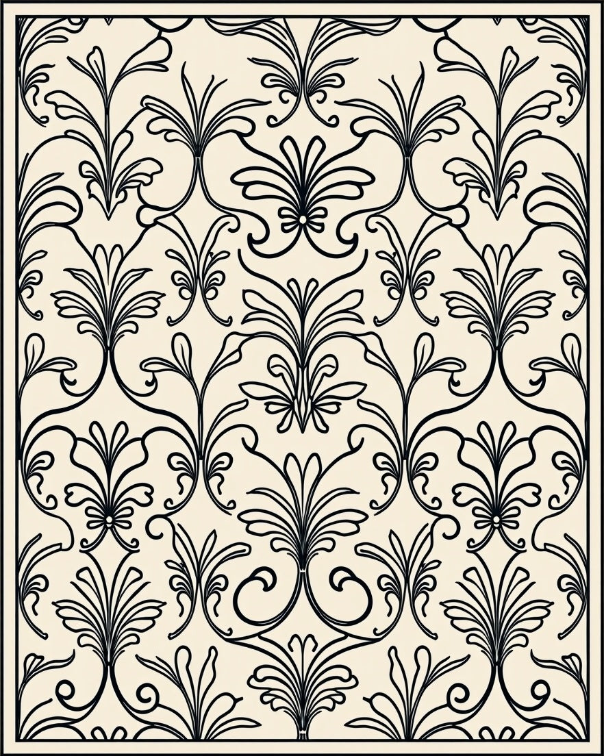 Elegant Black Cream Floral Damask Rug