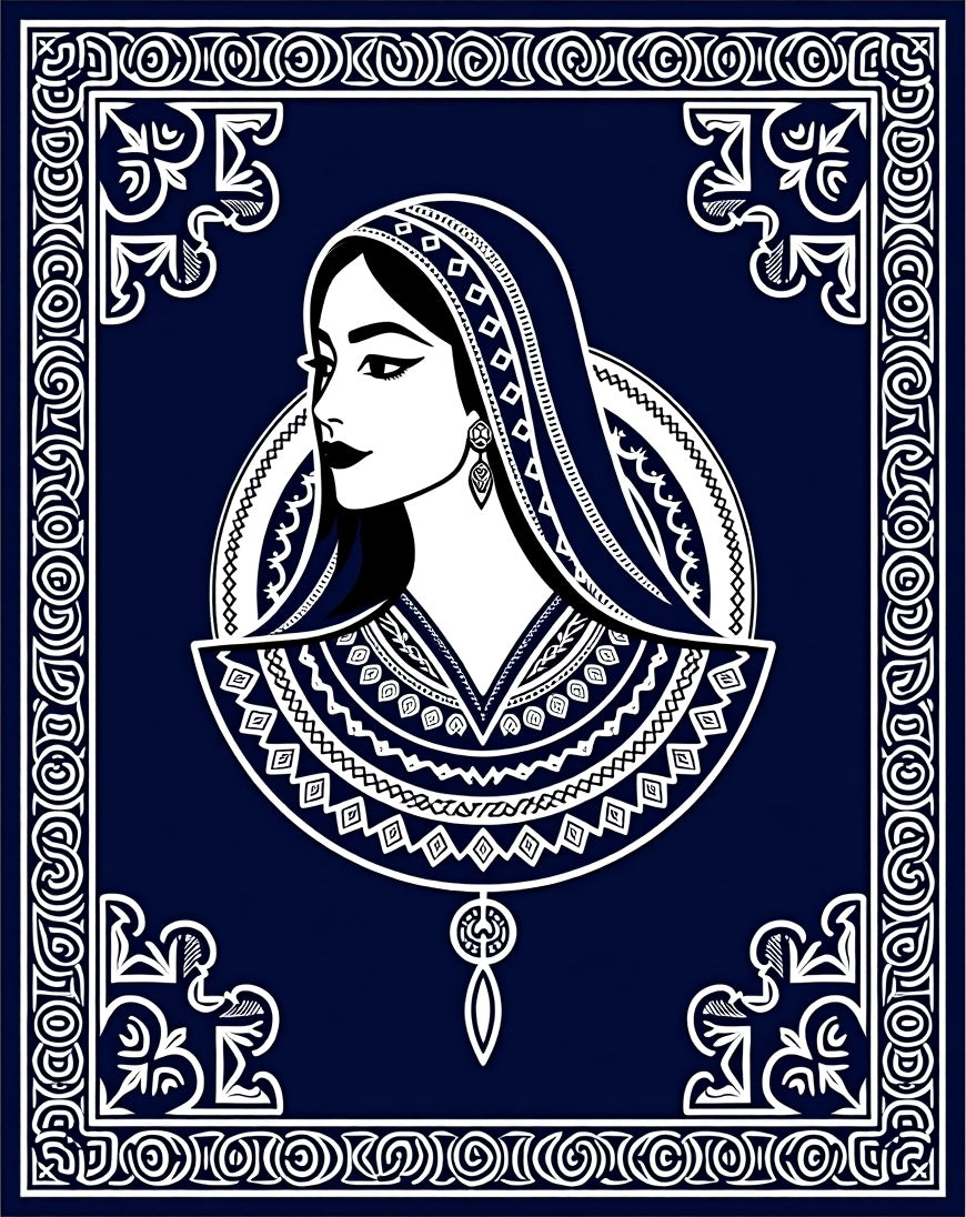 Elegant Woman With Geometric Pattern Border Rug