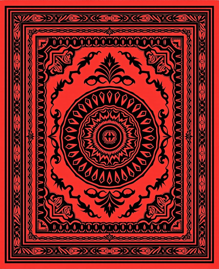 Bold Black On Red Ornamental Design Rug