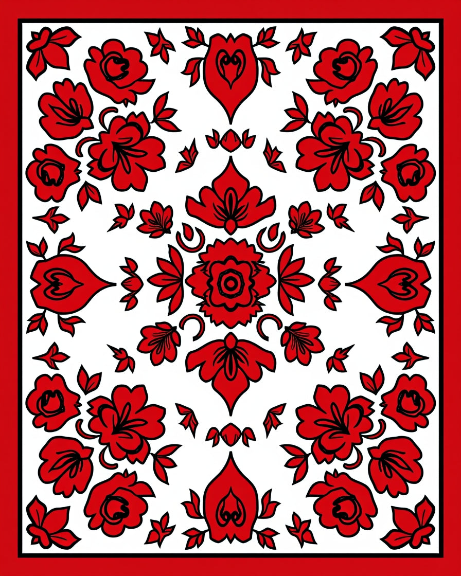 Red Floral Motif Folk Pattern Rug