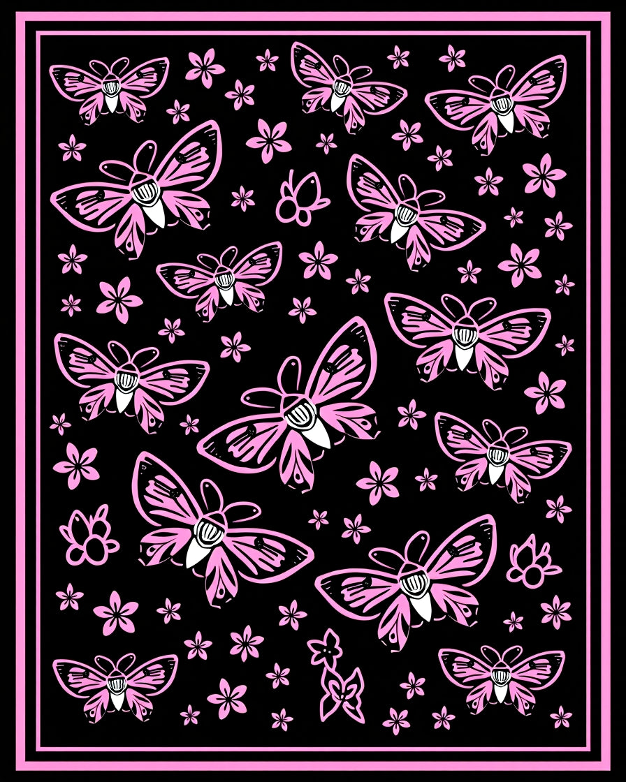 Pink Butterfly Garden Black Rug