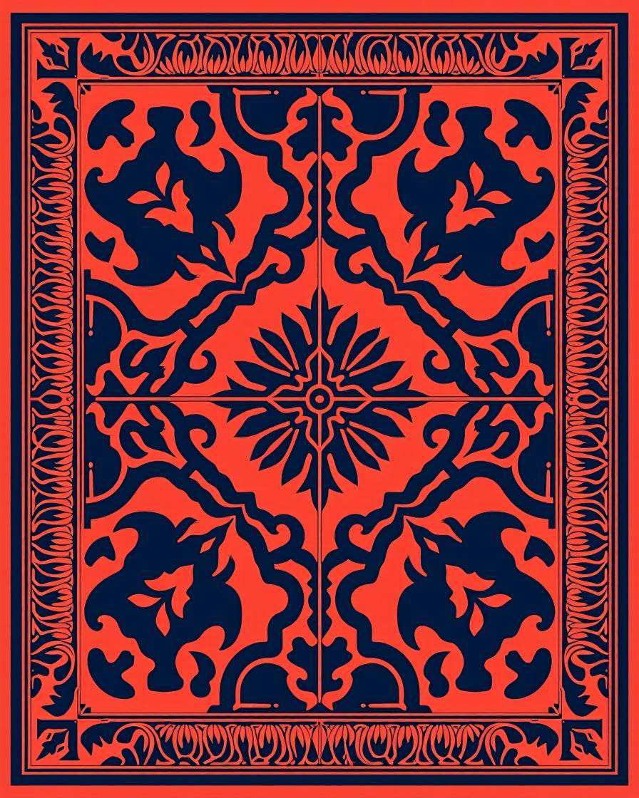 Red Navy Ornate Scroll Pattern Rug