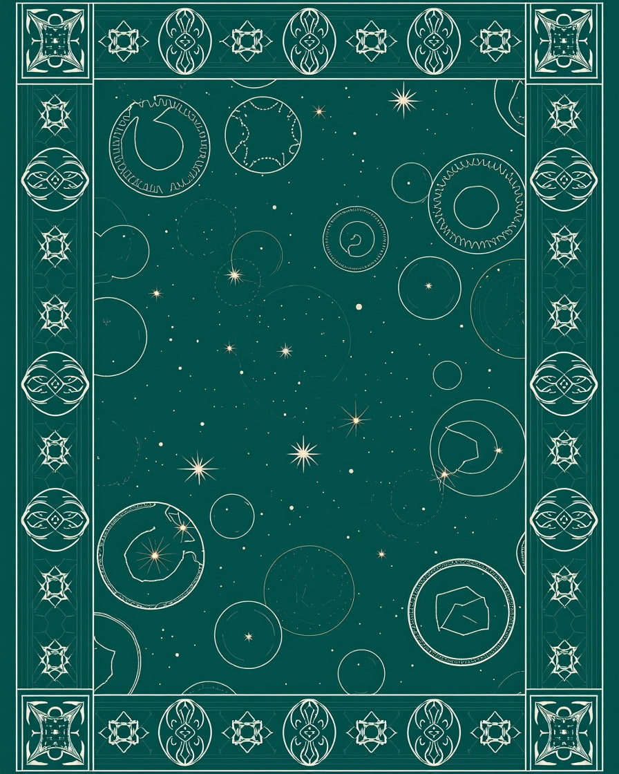 Celestial Teal Starry Orbs Border Rug