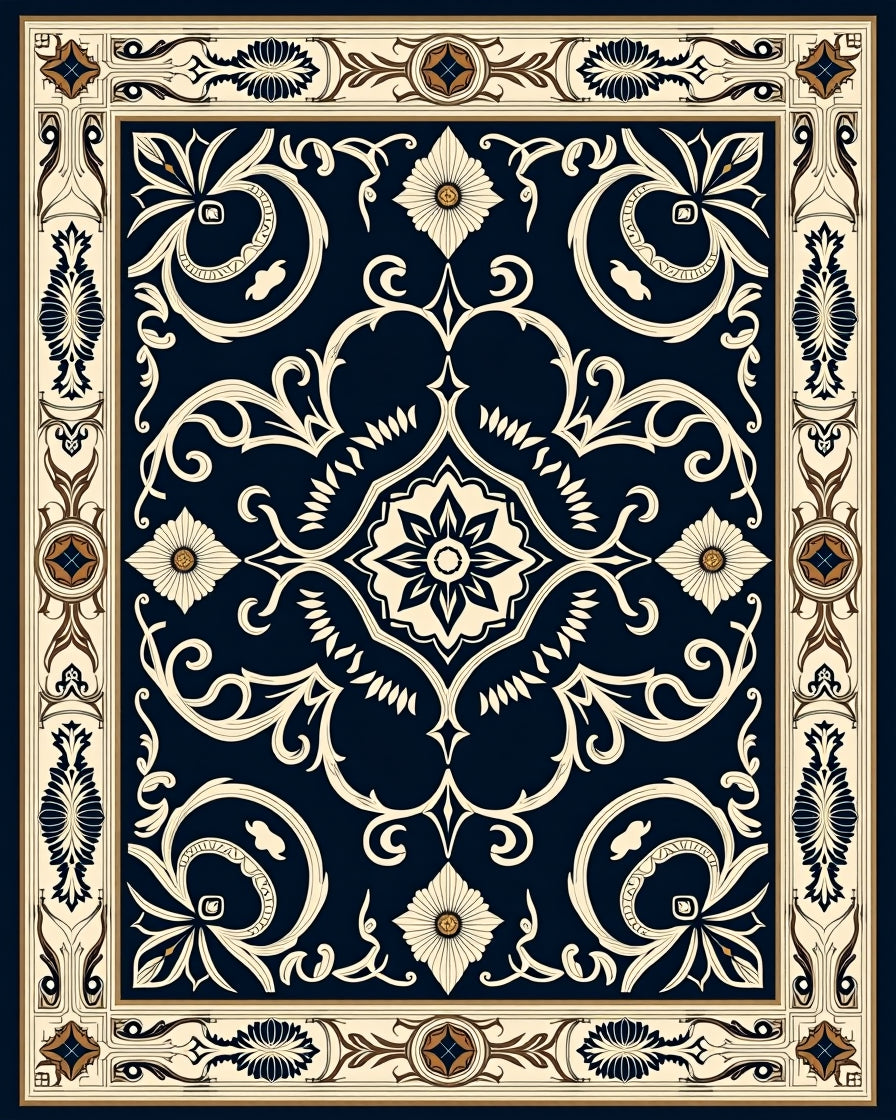 Ornate Floral Cream and Navy Rug
