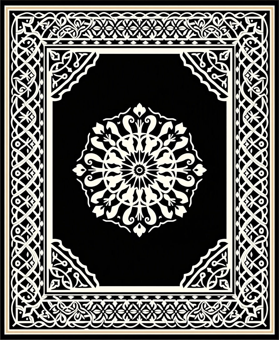 Intricate Black White Floral Mandala Pattern Rug